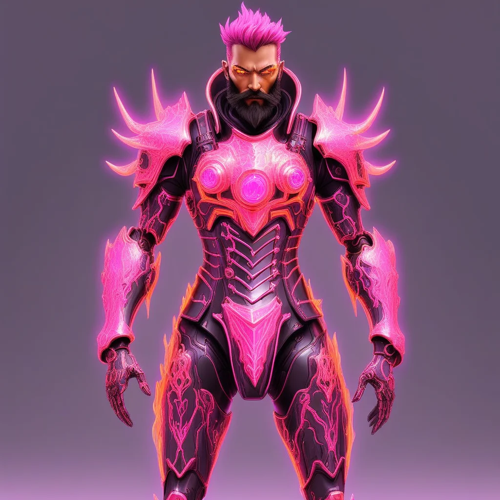 hyperdetailed fantasy character, Beard, cyberpunk flame suit, cyber fight armor, slick pink armor