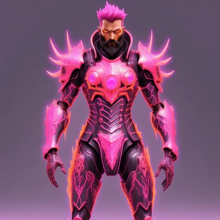 hyperdetailed fantasy character, Beard, cyberpunk flame suit, cyber fight armor, slick pink armor