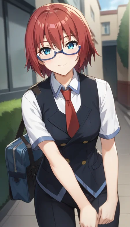 score_9,score_8_up,score_7_up,score_6_up BREAK official art,solo,outdoors,cowboy shot,looking at viewer,facing viewer,smile,blush,Misaki Raika,short hair,red hair,hair between eyes,bangs,blue eyes,semi-rimless_eyewear,school uniform,black vest,red necktie,white shirt,collared shirt,short sleeves,medium breasts,black pants,loafers,<lora:Misaki Raika(rt~ascc)-Pony:1.5>,