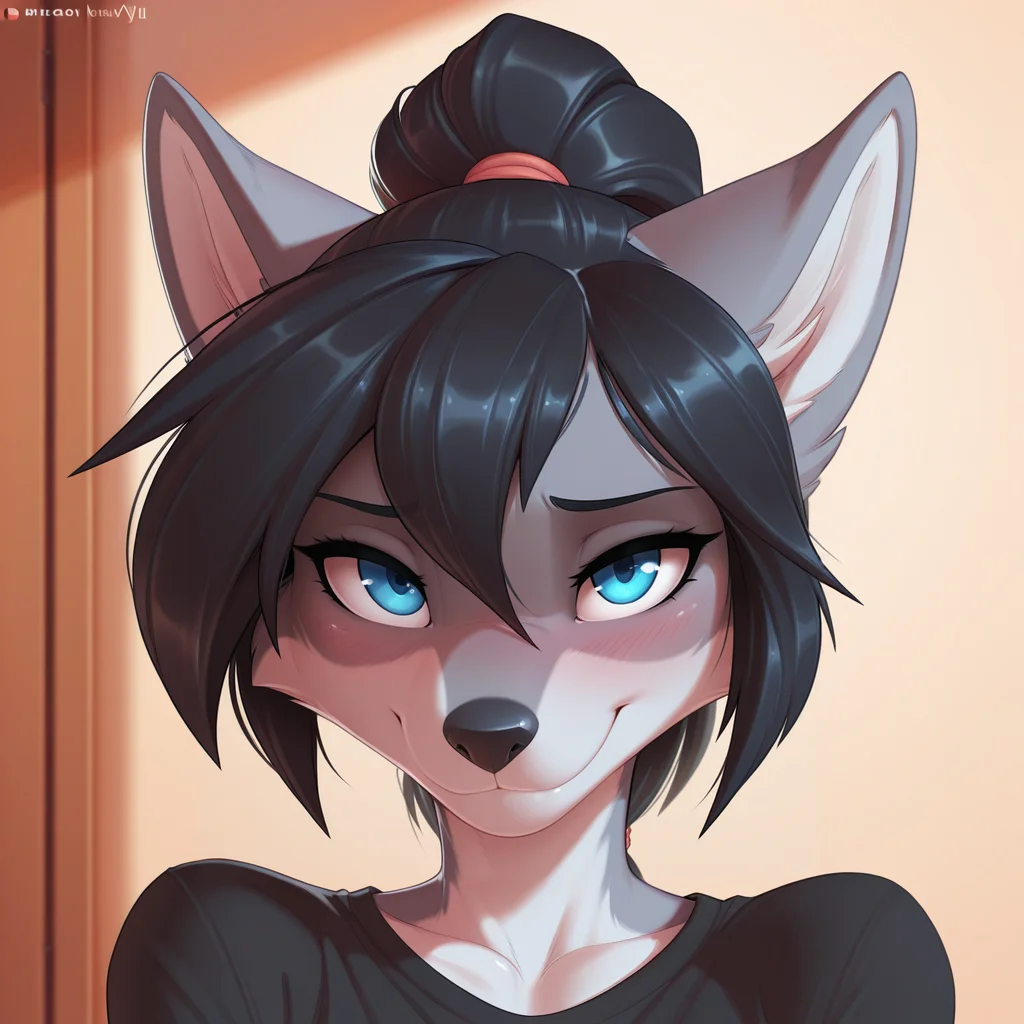 masterpiece,best quality,amazing quality, by yl, sfw, solo, anthro, furry female, furry, anthro wolf, grey fur, blue eyes, black hair, ponytail, looking at viewer, t-shirt, smile, shy, adorable, portrait, 8k, detailed, beautiful <lora:Yulliandress_style_Illustrious:0.8>