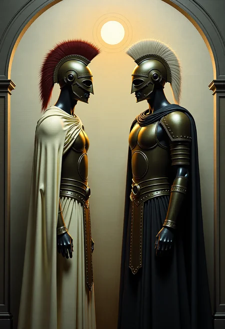 0n1r1c, Create a dramatic impasto painting with drips and painterly smudges of two majestic warriors, inspired by Achilles, the central character in Homer's Iliad, wearing futuristic, metallic full-body armor with a complex, segmented design. 

The painting is divided vertically into three sections.
The left section, only white, is dominate from Paris, his
warrior's helmet should have a striking red horsehair crest.
The background of this left section is a light white.
The middle section, only light gray, showcases a high, arched window below the upper edge of the painting, through which the moon shines.
The background of this middle section is a light gray.
The right section, only dark gray, is dominate from Achilles, his warrior's helmet should have a striking white horsehair crest.
The background of this right section is a dark gray.

Both helmets reminiscent of ancient Greek soldiers.
Both armors should have multiple plates and reinforcements, covering the entire body and combining both ancient and modern aesthetics. 

The shoulder plates and bracers of both armors should feature additional plating with gold accents. Both warriors should wear long, flowing black capes, adding a touch of royalty. Their overall appearance should exude strength, nobility, and a harmonious blend of the antique and the modern. Set the scene in a dark, grand hall with high, arched windows in the background. The painting should emphasize a combination of ancient grandeur and a futuristic, modern, and abstract style, with dramatic lighting features in a monochromatic scheme, primarily in shades of black, white, and gray.
