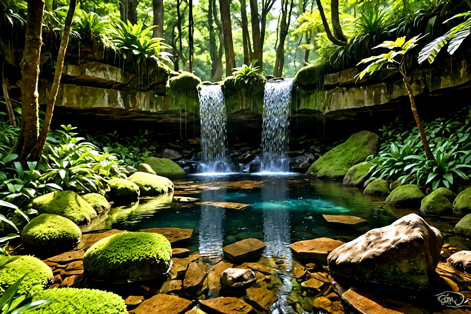 Stable_Yogis_PDXL_Positives,<lora:sdxl_lightning_8step_lora:1>,Capture a lush jungle scene with a hidden waterfall cascading down moss-covered rocks into a crystal-clear pool, Sunlight filters through the dense foliage, creating a magical and refreshing atmosphere in late spring,âââ