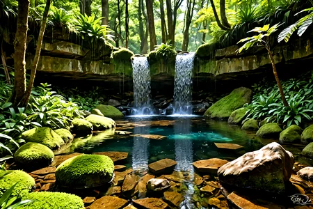 Stable_Yogis_PDXL_Positives,<lora:sdxl_lightning_8step_lora:1>,Capture a lush jungle scene with a hidden waterfall cascading down moss-covered rocks into a crystal-clear pool, Sunlight filters through the dense foliage, creating a magical and refreshing atmosphere in late spring,âââ