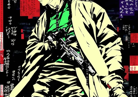 KAN, Kanji, saitama, trending on artstation, psychic energy blast, yoji shinkawa's rendition of intimidating cYBERPUNK HACKER, detailed cYBERPUNK Trenchcoat by Ian McQue, detailed cYBERPUNK architecture by Mamoru Nagano