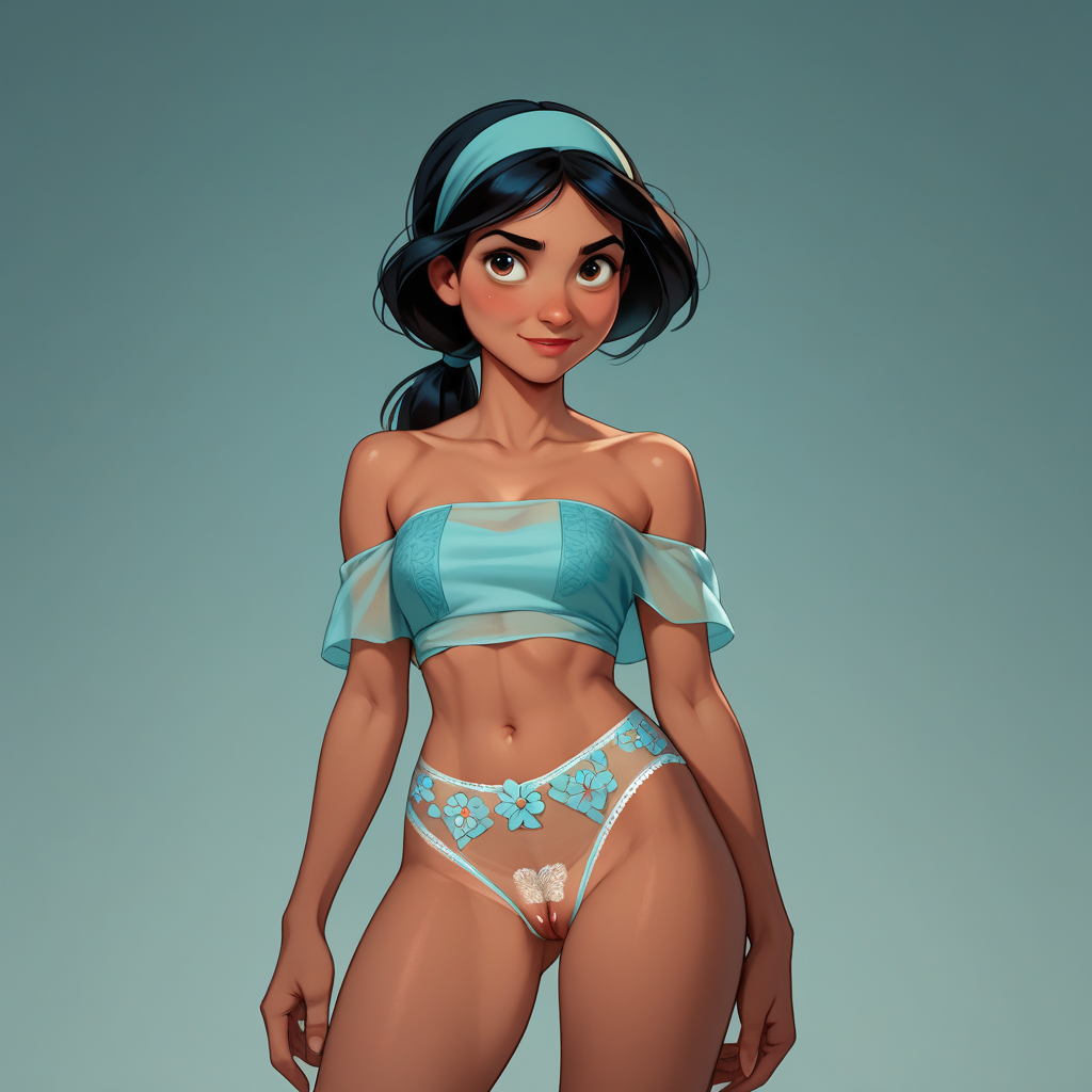 S33THR0UGHP4NT1ES,  ((score_9)),score_8_up,score_7_up,score_6_up,score_5_up,score_4_up, source_disney, Jasmine, dark skin, bandeau, black hair, low ponytail, off-shoulder top, headband, aqua, 1girl, adult woman, lingerie, see-through panties, see-through_panties, transparent_panties, sheer_panties, see-through, uncensored, partially_visible_vulva, pussy