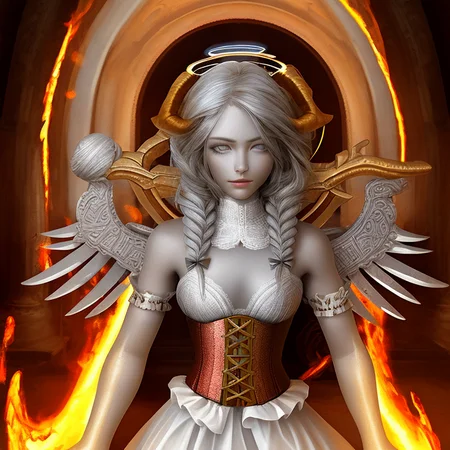 1girl, demon_girl, horns, scythe, cathedral, glowing_eyes, braids, hair_ornament, embers, colored_skin, halo, eclipse, lace, corset, angel_wings, fire, (photofied:0.9)