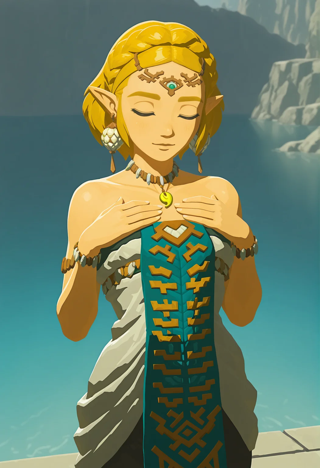 amazing quality,very aesthetic,absurdres,best quality,newest,masterpiece,4k resolution, absurdres, highres, detailed background,
<lora:Princess_Zelda_ILXL:0.8> 1girl, princess zelda, blonde hair, pointy ears, totk, short hair, forehead jewel ,magatama necklace, earrings, dress,bare shoulders, white dress, solo, looking at viewer, closed eyes, hands on own chest,