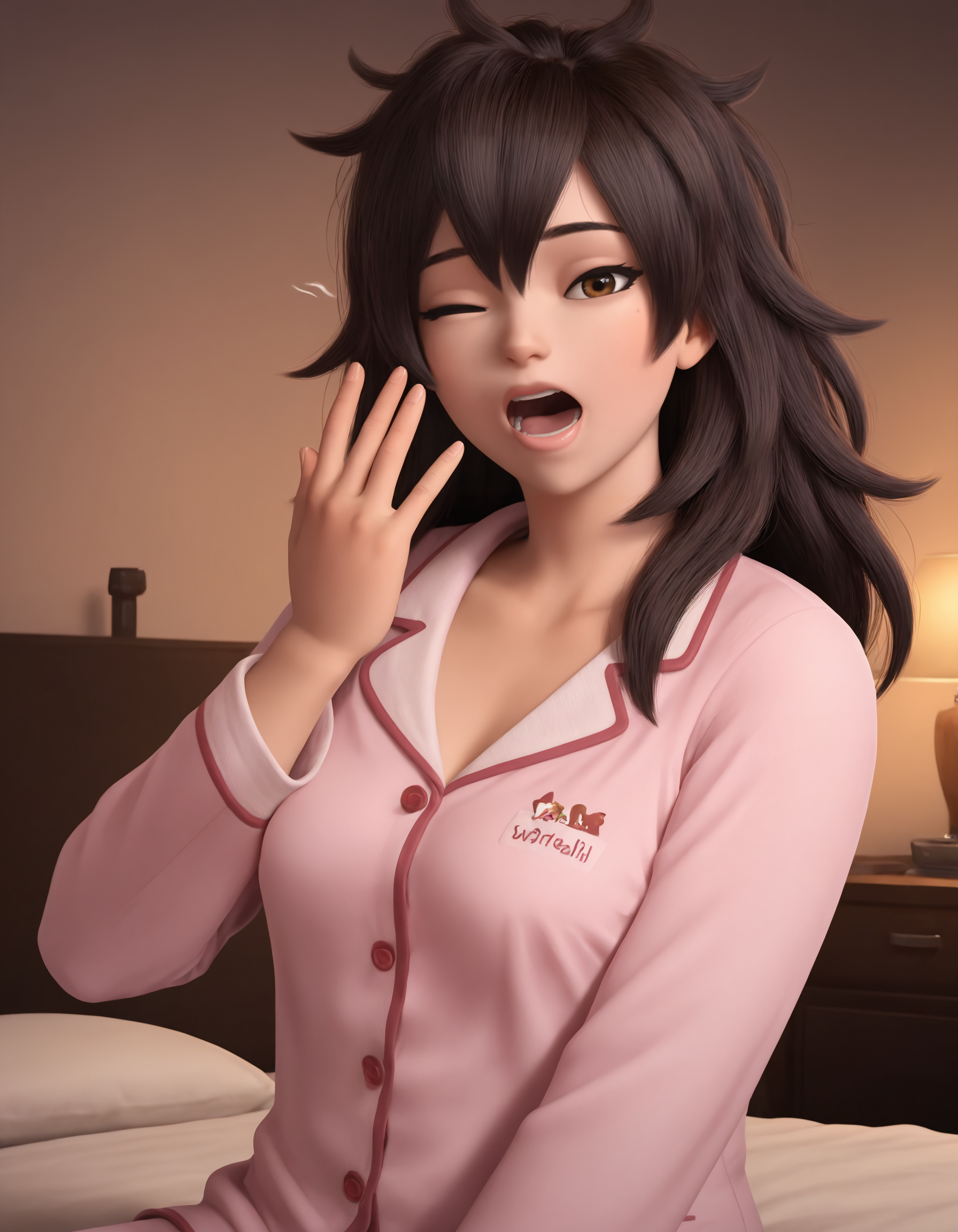 highly detail, 1girl, looking at the viewer, pajamas, black messy hair, sitting on bed, indoors, yawning, upper body,
<lora:owstylev1ill:0.9>