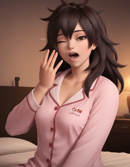 highly detail, 1girl, looking at the viewer, pajamas, black messy hair, sitting on bed, indoors, yawning, upper body,
<lora:owstylev1ill:0.9>