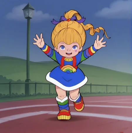 <lora:Rainbow Brite Illustrious 1:1>, rainbow brite running towards the viewer running along a rainbow