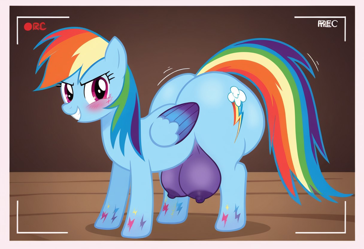 score_9, score_8_up, score_7_up, masterj291´Style, highres, hi res, best quality, masterpiece, <lora:add-detail-xl:.5>, my little pony, solo, background, detailed background, ((my little pony, <lora:mlp: fim - rainbow power - rainbow dash:1>, rainbow dash, rainbow power, hooves, blue pegasus, large butt, grin, striped mane, gradient hooves, border, stylized rainbow mane)
), thoughtful expression, blushing expression, equine, fat ass, feral, huge ass, huge butt, plump, pony, quadruped, thick thighs, looking at the viewer ,ass crack,standing ,(Feral Pony, Pony Form, Huge crotchboobs,purple nipples, Hyper hips, thick thighs, hyper butt,large butt, butt overhang),sexy and cute thin legs,alicorn,horny,empty eyes, recording, twilight's kingdom, TWERKING