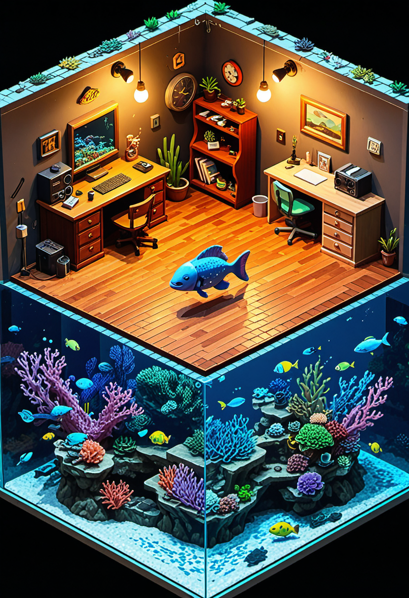 , Coral reef social media influencer house, with angelfish livestreaming their daily lives, sea horses doing product unboxings, and pufferfish drama channels. Parrotfish constantly redecorating for the perfect backdrop. Pixel art style with isometric perspective. Extreme detail in 16-bit aesthetic. Multiple rooms visible simultaneously. Humorous take on influencer culture through marine ecosystem lens. Commentary on privacy, authenticity, and digital age narcissism. Inspired by eBoy's isometric cityscapes and Wes Anderson's symmetrical compositions. Emotional keywords: quirky, satirical, mildly dystopian.