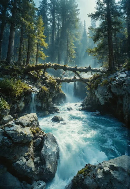 A striking aerial view of a rushing whitewater river cutting through a dramatic rocky gorge, framed by the lush greenery of a temperate rainforest, now adorned with winter's touch. The surging river below churns with vivid white turbulence, carving through rugged terrain, while the rocky cliff walls are partially cloaked in vibrant green moss and delicate ferns. A fallen log spans the gorge, adding a sense of natural drama and connection across the divide. Towering evergreen trees, their branches dusted with fresh snow, form a dense canopy above, their frosted deep green hues contrasting with the bright blues and whites of the frothing water. The scene is illuminated by dramatic lighting, with beams of sunlight piercing through the forest canopy to create dappled highlights on the rocks and water, enhancing the natural vibrancy of the colors. The elevated perspective captures the grandeur of this untouched wilderness, immersing the viewer in its raw beauty and evoking a sense of awe and serenity. Style tags: vivid colors, dramatic lighting, natural landscape realism.