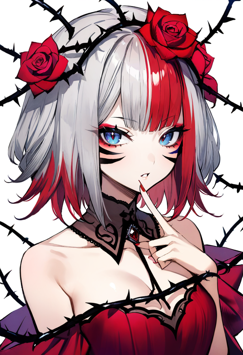 masterpiece, best quality, <lora:banpaiakiraXL_ANI31_lokr_V3236:0.95> 1girl, solo, flower, thorns, hair ornament, rose, white background, red nails, red flower, hair flower, red dress, looking at viewer, red rose, bare shoulders, simple background, blue eyes, parted lips, dress, index finger raised, bangs, grey hair, collarbone, upper body, makeup, red hair, detached collar, red eyeshadow, nail polish, facial mark, multicolored hair, red ribbon, virtual youtuber, ribbon, eyeshadow