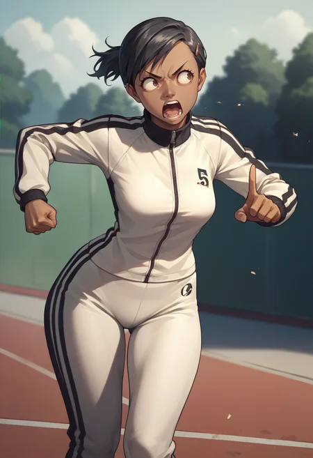 score_9, score_8_up, score_7_up, source_anime, 1girl, shouting, pointing, <lora:zs_YukoXL:1> yukop3, short hair, hairclip, dark skin, brown eyes, black hair, track suit, wide hips, outdoors