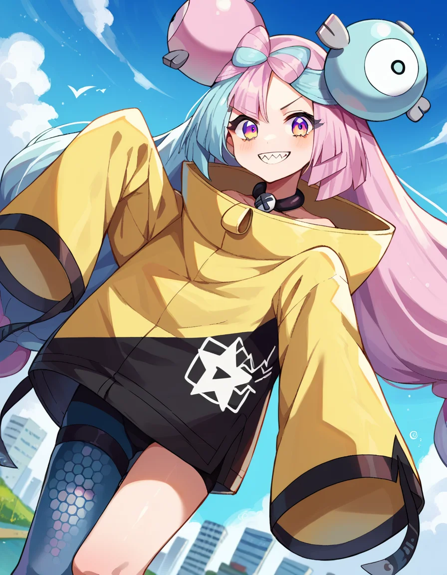 score_9, score_8_up, score_7_up, source_anime,
pokemoniono, <lora:pokemon-iono-ponyxl-lora-nochekaiser:1>
pokemon iono, blue hair, bow-shaped hair, character hair ornament, hair ornament, long hair, low-tied long hair, multicolored hair, pink hair, sharp teeth, split-color hair, twintails, two-tone hair, pink eyes, smile,
asymmetrical legwear, bell, bow-shaped hair, character hair ornament, hexagon print, oversized clothes, pantyhose, single leg pantyhose, split-color hair, jacket, yellow jacket,
outdoors, cityscape,
looking at viewer, cowboy shot, dutch angle,