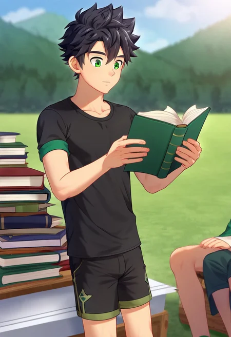 connor, black hair, bangs. spiky hair, short hair, green eyes, camp buddy, boy, solo, young man, lean body, wear black shirt, wear black shorts, reading a book, outdoor, sunny day, clear sky, solo focus, avarage height, balanced shape top and bottom,
