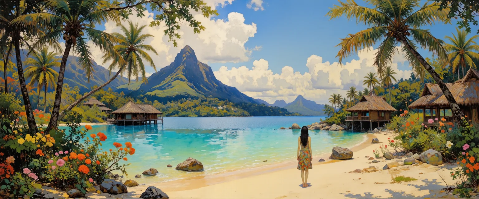 masterful impressionistic oil painting on canvas, a breathtaking idyllic painting in an exquisite oil painting style blending impressionism with romantic realism, a tranquil lagoon at bora bora in french polynesia, the turquoise waters shimmer under the golden afternoon sunlight, framed by lush tropical vegetation and tall swaying palm trees, beautiful thatched huts sit on stilts over the lagoon, in the background, the towering green peak of mount otemanu rises majestically against a sky painted in soft blues and fluffy white clouds, in the foreground, the sandy shoreline glows warmly, scattered with small rocks and vibrant greenery, a beautiful young woman with long black hair, wearing a light colorful summer dress in a soft breeze stands barefoot at the edge of the lagoon, gazing across the beautiful scenery, many varied colorful tropical flowers add to the exotic atmosphere, the composition is expansive and immersive, capturing the breathtaking natural beauty of the scene, soft and diffused lighting highlights the richness of the tropical palette, emphasizing hues of emerald green, aquamarine, and warm sandy tones, while the gentle glow of the sky adds warmth to the scene, brushstrokes are fluid and expressive, blending rich textures with intricate details, the painting captures the interplay of light, water, and foliage with a delicate and harmonious touch, subtle dappled shadows bring depth to the lagoon and its surroundings, creating a sense of realism and romantic allure, painted with masterful attention to detail, the image employs a balanced and harmonious color palette, capturing the idyllic and serene beauty of bora bora, evoking a sense of tranquility and timelessness, the image is painted in a timeless style, blending realism with a touch of dreamlike quality, vivid colors and soft gradients emphasize the tropical setting, dark corners, tranquil, serene, quaint, idyllic, impressionistic style, oil on canvas, ovg, impressionistic oil painting, <lora:style-kaoru_yamada-impressionism-flux-by_adel_ai:1.0> <lora:style-cheats-by_schmede:0.64> <lora:style-amazing_scenery-v3-flux-by_marielle:0.64>