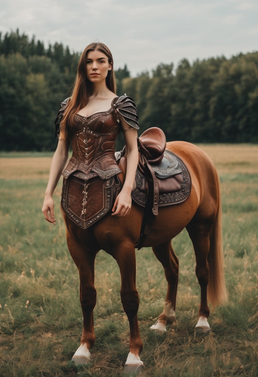 Female centaur (half mand and half horse) on a field, looking at viewer. Leather armor, bow. Hyperdetailed photography,