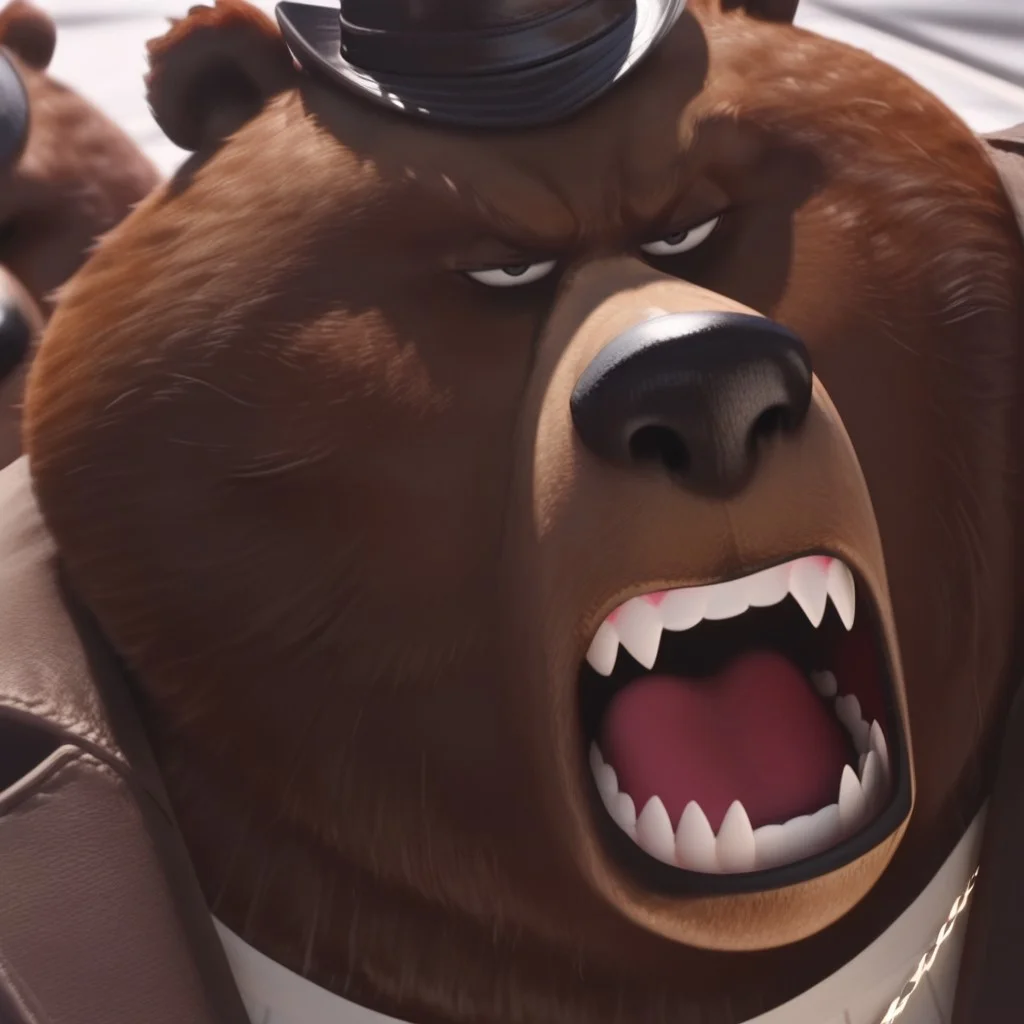 awa,masterpiece,best quality,absurdres,newest,perfect quality,detailed background,intricate details, Bear_leader, bust shot, realistic, detailed teeth, Angry, face shot, Brown Jacket, white shirt, gold chain, hat, looking at viewer, half closed eyes, front view, open mouth