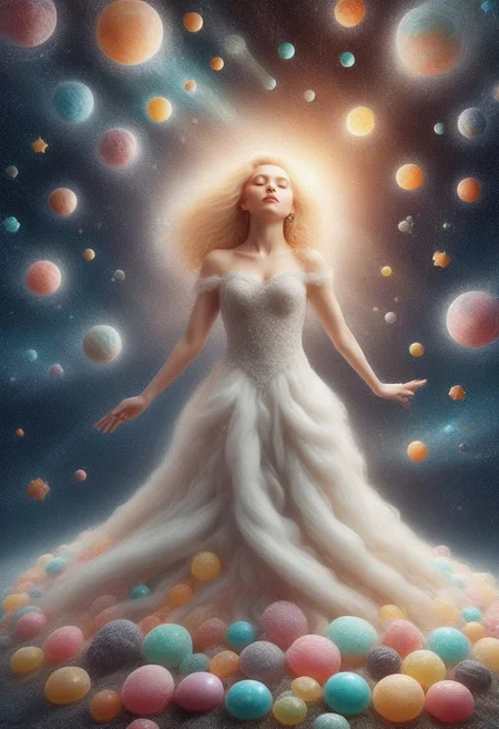 portrait of gorgeous blonde maiden sleeping on a cloud, light and shadows, 64k, starry brilliance, HD, audacious detailed fantasy, digital art