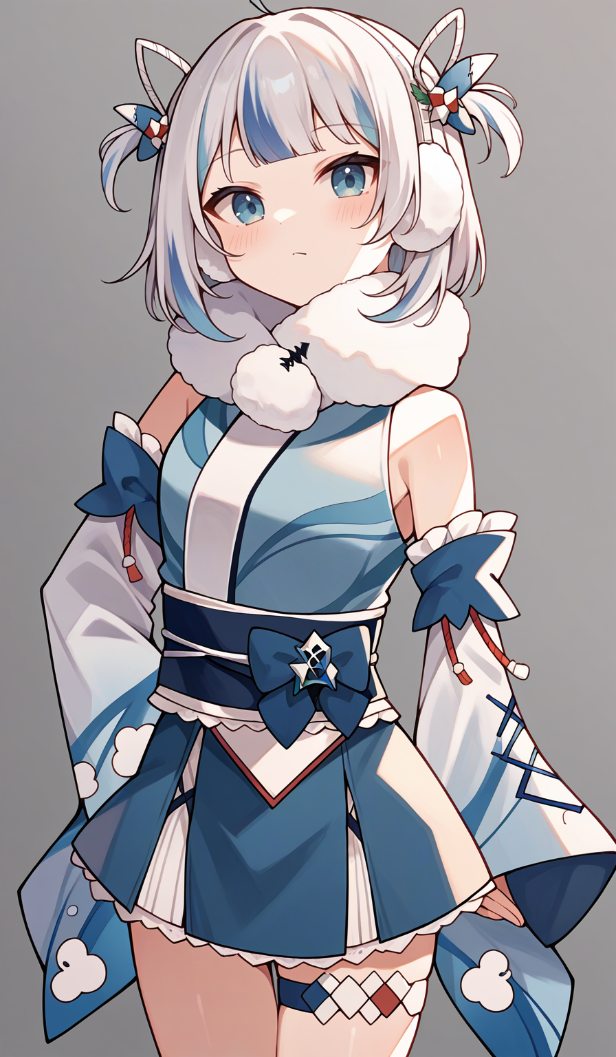 score_9,score_8_up,score_7_up,score_6_up,score_5_up,score_4_up,
1girl, gawr gura, virtual youtuber, medium hair, bob cut, two side up, ahoge, earmuffs, short sleeveless blue kimono skirt, white fur scarf, wide blue detached sleeves, blue obi, thigh strap, sleeves past fingers,
solo, grey background, simple background, looking at viewer,
<lora:guraponyxl6:1>