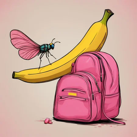 big banana toe, pretty flies flying around with pink school bags, "SCHOOL TIME"