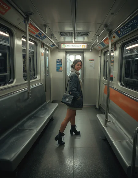 A modern subway train,Subw4y tr41n, in motion, with a single woman standing near the center of the train car, holding onto a shiny metal pole for balance as the train glides along the tracks. The woman is dressed casually yet stylishly, wearing a long black coat over a beige turtleneck sweater, paired with slim-fit jeans and ankle boots. Her hair is neatly tied back into a low bun, with a few loose strands framing her face. She has a thoughtful, calm expression, her gaze directed slightly downward as if lost in her own world. In her other hand, she holds a small tote bag, its strap looped over her wrist, with a paperback book peeking out from the top.
The subway car is clean but shows subtle signs of daily use. The walls are lined with muted gray panels, and the seats along the edges of the car are upholstered in a dark blue fabric, slightly faded from wear. Overhead, fluorescent lighting casts a bright, even glow across the interior, causing faint reflections on the polished floor, which is marked with the occasional scuff from commuters' shoes. Metal grab handles hang from above, gently swaying with the trainâs movement, and shiny steel poles are strategically placed throughout the car.
The windows on both sides reveal a blurry, motion-filled view of the dark subway tunnel, interspersed with flashes of graffiti-covered walls and dim utility lights. Above the windows, digital displays show the next stop in bright LED text, along with a route map that runs the length of the car. Small advertisements are mounted on the walls, showcasing everything from city events to product promotions, some with vibrant colors that add subtle contrast to the neutral tones of the train.
The atmosphere feels still and introspective, with the soft hum of the train and the occasional squeal of the wheels on the track. The train is sparsely occupied, with a few empty seats and subtle details like a forgotten coffee cup on one bench and a folded newspaper lying on the floor. The overall mood is quiet and reflective, capturing a moment of solitude and thoughtfulness during an ordinary subway ride.<lora:SDXLFaeTastic2400:0.4> <lora:extremely_detailed:0.4> extremely detailed, <lora:Subw4y_tr41n:1>, Masterpiece,best quality,hi res,8k,hi res,8k,award winning,(sharp focus, intricate, highly detailed),