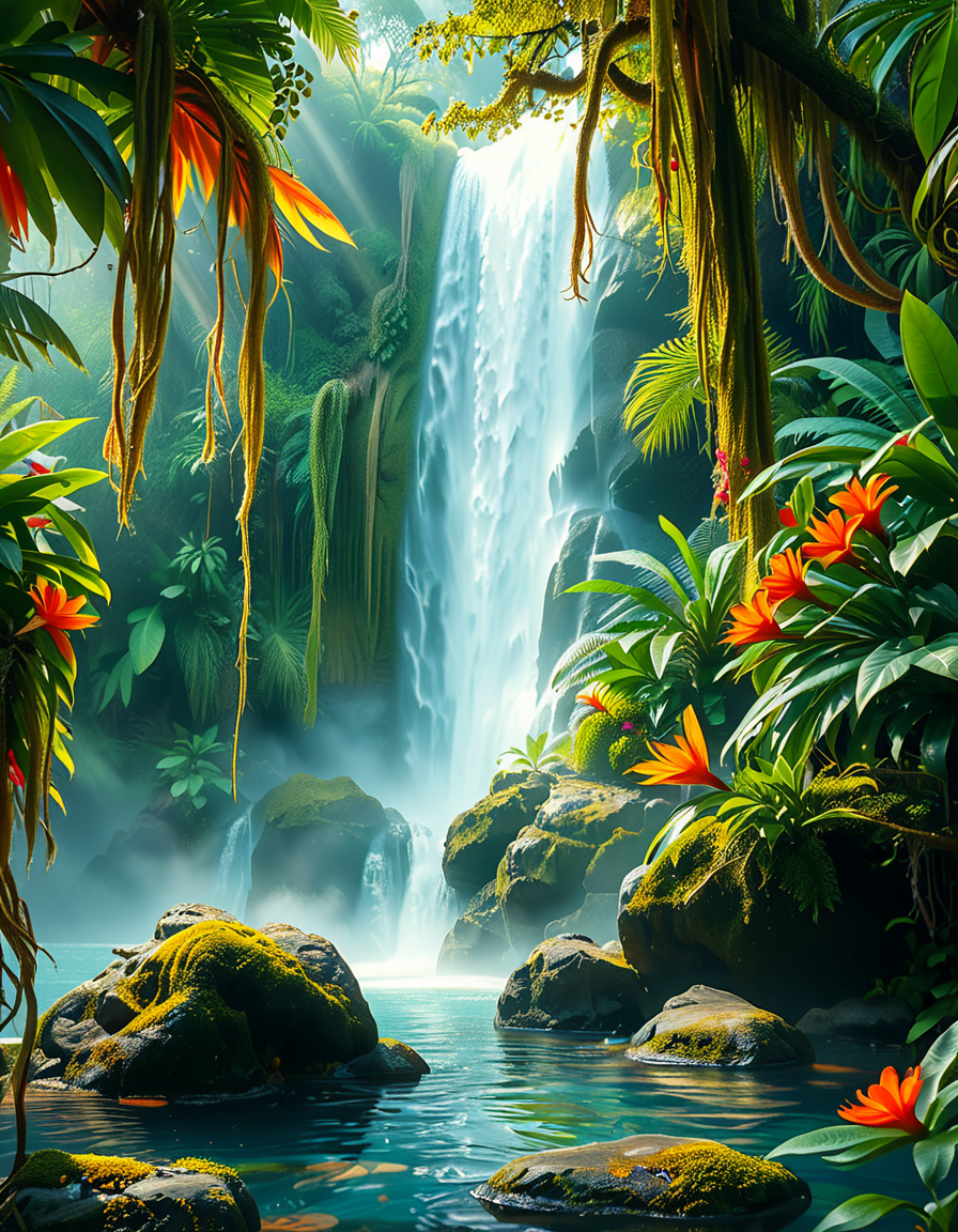 A stunning and tranquil view of a jungle waterfall cascading down smooth, moss-covered rocks into a crystal-clear pool below. The scene is surrounded by dense, lush greenery, with towering tropical trees and vibrant, oversized ferns creating a natural canopy that filters sunlight into dappled patterns on the forest floor. Brightly colored flowers in shades of red, orange, and purple add splashes of color among the greenery, while vines and roots wind their way around the rocks and trees. Mist rises from the base of the waterfall, catching the sunlight and creating a soft, ethereal glow, with a faint rainbow visible in the spray. Exotic birds with iridescent feathers can be seen perched on branches, and the faint sound of distant animal calls adds to the sense of a thriving, untouched paradise. The overall atmosphere is serene, magical, and vibrant, capturing the untamed beauty of nature.<lora:SDXLFaeTastic2400:0.4> <lora:extremely_detailed:0.4> extremely detailed, <lora:Jungle_w4t3rf4ll:1>,Jungle w4t3rf4ll, Masterpiece,best quality,hi res,8k,hi res,8k,award winning,(sharp focus, intricate, highly detailed),