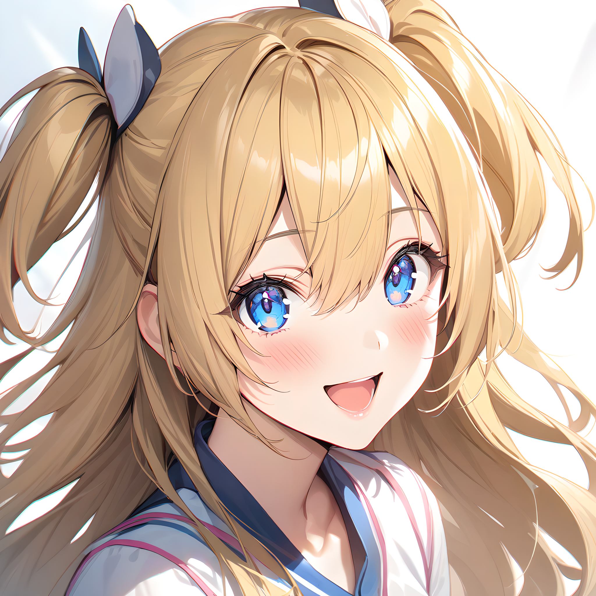 (masterpiece),(best quality),(ultra-detailed),(best illustration),(best shadow),(absurdres),(detailed background),(very aesthetic), amano_ririsa, 1girl, solo, open mouth, smile, looking at viewer, blonde hair, blush, long hair, chromatic aberration, two side up, white background, blue eyes, bangs, hair between eyes, upper body, <lora:XL-AmanoRirisa:1>