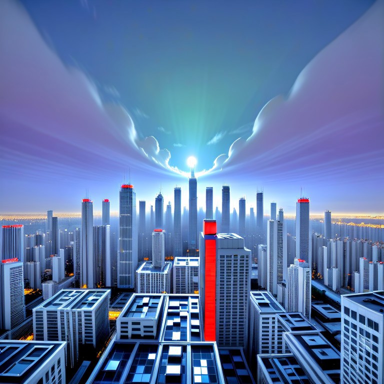 night, dark-orange cloud lumened by city, bright moon, dark-gray-purple sky; sky scrapers square and rectangular skyscrapers with white frequent square windows, shades of skyscraper windows: light green, light blue, dark blue, light turquoise. The roofs of skyscrapers from dark squares to squares are illuminated with a dim blue square border, some of the skyscrapers are topped with red lights in the corners, one skyscraper with a red diode above it warning aircraft.
