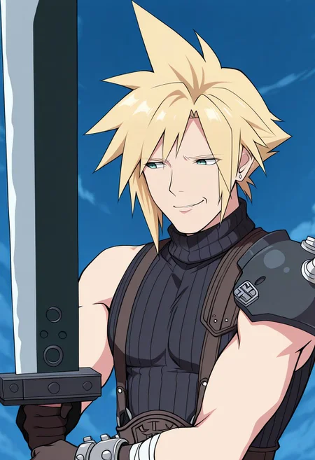 <lora:CleanAnime - [Enchanter] - IllustriousXL v4.0:1> IllusP0s, (anime screenshot, anime coloring) 1man, solo, cloud strife, blonde hair, male focus, single earring, black shirt, sleeveless, defcloud, single pauldron, harness, single shoulder pad, suspenders, holding buster sword, holding object, <lora:George_Constanza_Baseball_Bat_Meme_Illustrious:1.8> costanza face, skeptical expression, narrowed eyes, smirk, looking at viewer, upper body
