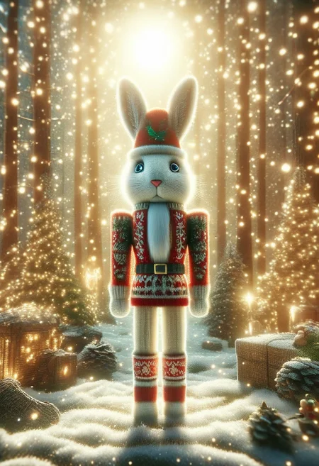 (nutcracker, white fur, rabbit ears, whiskers), (cute, glowing:1.3), (christmas_sweater on, intricate, (blur Eyes, hat, boots, gloves, belt, highly detailed, high contrast, film grain:0.8),  wooden, (full body, christmas lights, forest background:1.23), safe_pos