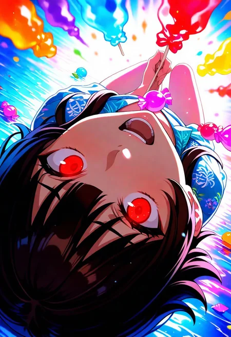 Megumin, masterpiece, best quality, amazing quality, very aesthetic, absurdres, newest, 1girl, Megumin, brown hair, red glowing eyes, hawaiian shirt, teeth, lips, thin lips, narrow mouth, solo, looking at viewer, open mouth, holding lollipop, chupa chups, upper body, backlighting, from above, dutch angle, colorful candies, rain of colorful candies, rain of candies, the candies are very close, falling candies, from top to bottom, falling down, lots of candies, colorful candies, glowing candies, very close, a little blur on the candy, masterpiece, best quality, amazing quality, very aesthetic, absurdres, newest, soft light, explosion of colors, masterpiece, best quality, colorful, bright, multicolored, bright colors of paint, masterpiece, best quality, amazing quality, very aesthetic, absurdres, lots of multicolored rainbow light, focus on the face, lots of soft light, soft colors, lots of colorful particles, colorful candies, rain of colorful candies, rain of candies, falling candies, from top to bottom, falling down, lots of candies, colorful candies, glowing candies, very close, a little blur on the candy