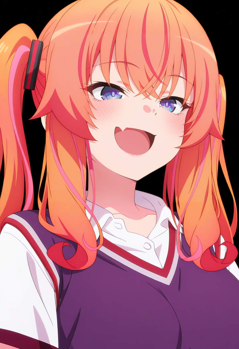 newest, masterpiece, best quality, 4k,ultra detail, 
black background, very aesthetic, detailed background, face focus,
1girl, solo,   <lora:Makina Agatsuma:1> mak1na, orange hair, pink hair, multicolored hair, long hair, twintails, hair ornament, blue eyes, mak1na_school, white shirt, short sleeves, sweater vest, purple sweater,smile, open mouth, skin fang