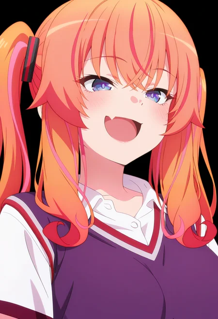newest, masterpiece, best quality, 4k,ultra detail,
black background, very aesthetic, detailed background, face focus,
1girl, solo, <lora:Makina Agatsuma:1> mak1na, orange hair, pink hair, multicolored hair, long hair, twintails, hair ornament, blue eyes, mak1na_school, white shirt, short sleeves, sweater vest, purple sweater,smile, open mouth, skin fang