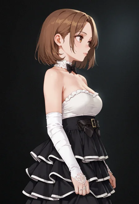 score_9,score_8_up,score_7_up,score_6_up,masterpiece,best quality,amazing quality,very aesthetic,high resolution,ultra-detailed,absurdres,dark background,1girl,standing,looking_to_the_side,medium breasts,brown hair,brown eyes,high-waist skirt,frilled skirt,pleated skirt,white trim,black skirt,bare shoulders,white top,strapless dress,detached sleeves,elbow gloves,white gloves,black bow,<lora:MyTrainings\Temp\White_Top_Black_Frilled_Skirt_Pony_Pony_ARZUMATA\White_Top_Black_Frilled_Skirt_Pony_Pony_ARZUMATA.safetensors:0.7>