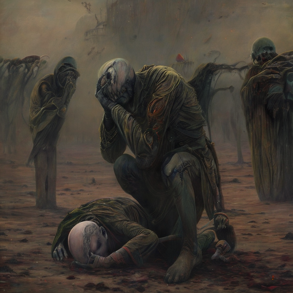 <lora:b3ks1n:1>b3ks1n h4nu0n dead soldier rests his hands upon the head of another