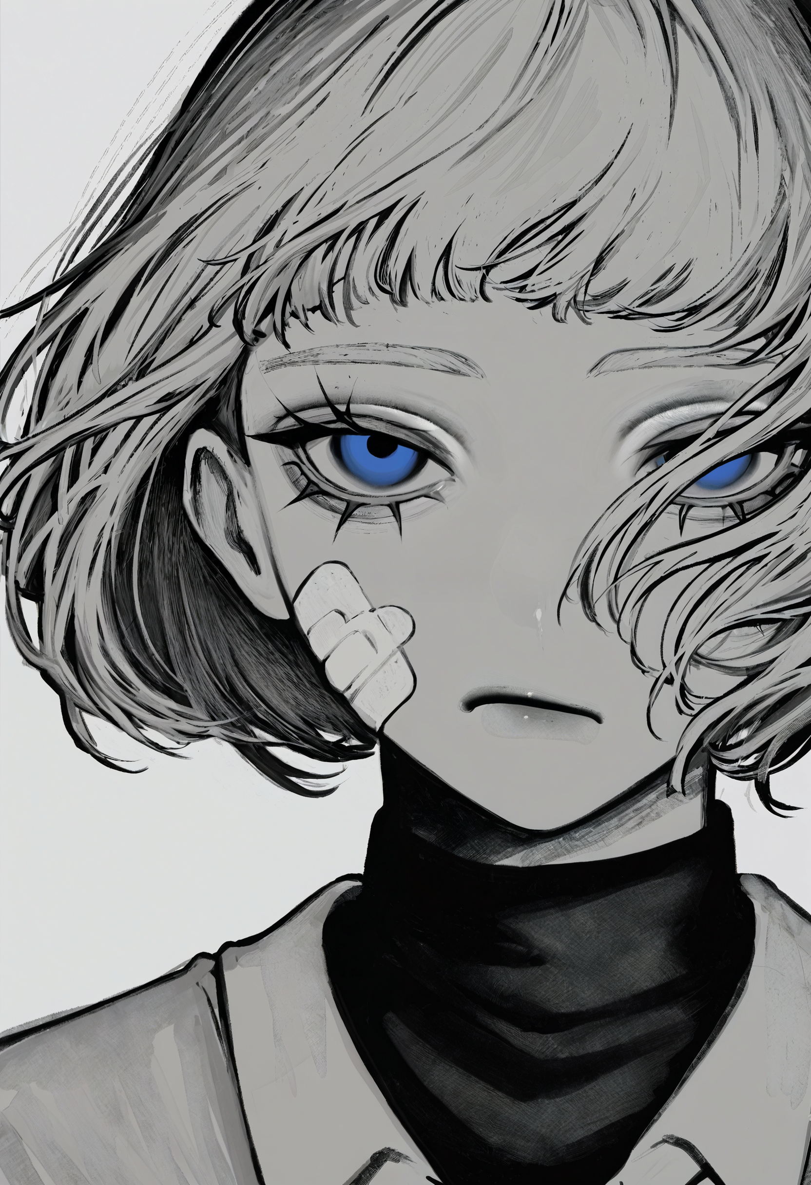 <lora:TnhocXQ=-noobaiXLNAIXL_epsilonPred_V110_V1-CAME>, Tnho, monochrome, greyscale, 1girl, solo, looking at viewer, black sweater, bandaid on face, bandaid, white background, short hair, blue eyes, sweater, simple background, shirt, closed mouth, bandaid on cheek, portrait, eyelashes, grey hair, collared shirt, turtleneck, nike \(company\), bob cut, black shirt, bandage on face, upper body, floating hair, frown, long eyelashes