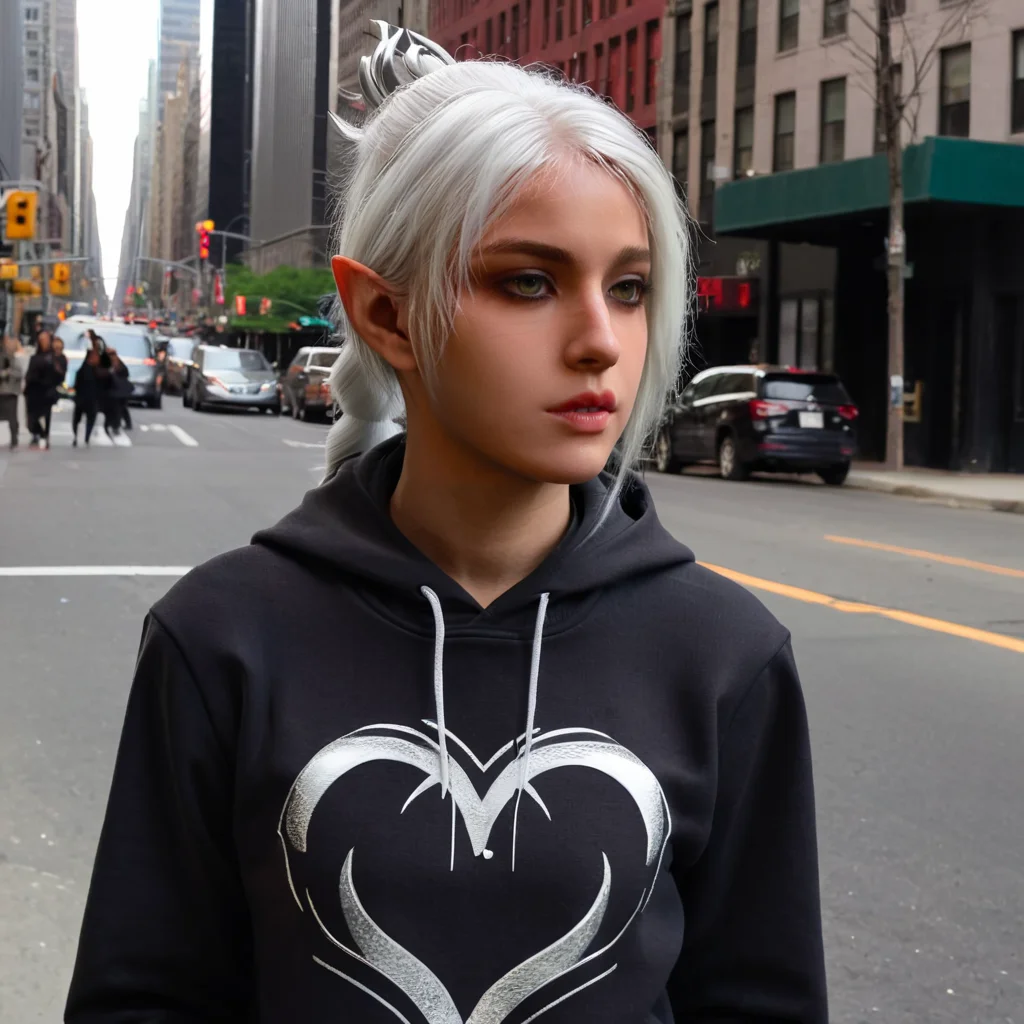 A high definition photo of Shadowheart a elf girl, white hair, wearing a modern fashion hoodie, standing on new york street, closeup portrait, high quality, realistic, cinematic <lora:shadowheart_xl_2-000090:1>