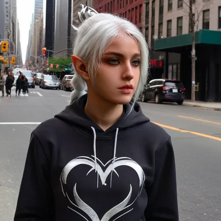 A high definition photo of Shadowheart a elf girl, white hair, wearing a modern fashion hoodie, standing on new york street, closeup portrait, high quality, realistic, cinematic <lora:shadowheart_xl_2-000090:1>