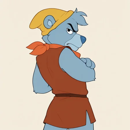 gustogummixl, cartoon, anthro, blue bear, solo, yellow hat, orange bandana, brown tunic, from behind, looking back at viewer, simple background, cowboy shot, no tail, annoyed