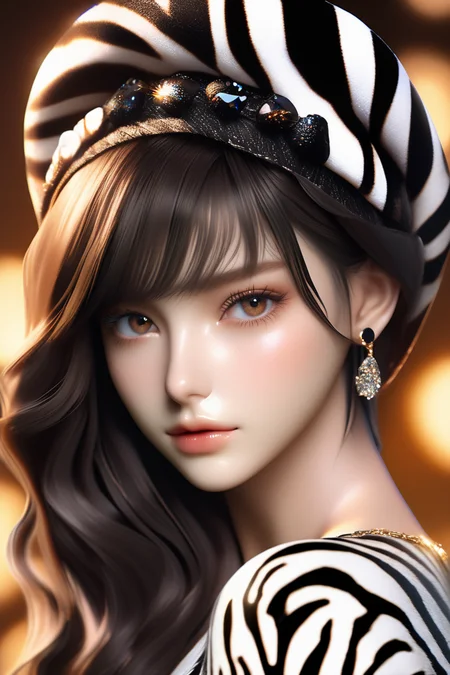 (masterpiece,best quality, ultra realistic,32k,RAW photo,detail skin, 8k uhd, dslr,high quality, film grain:1.5),
short hair , black hair hair:1.1,portrait,lady, brown eyes, dark black bonnet, freckles,
(zebra print gradient background,led light, edge light, simple background)