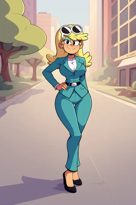 score_9, score_8_up,score_7_up, score_6_up, score_5_up, source_cartoon, (Cartoon:1.0), <lora:add_details_xl:1>
BREAK
<lora:Leni_Loud_XL-03:1>, Leni Loud, 1girl, solo, 36yo girl, office lady, blonde hair, long hair, bangs, sunglasses, white-framed eyewear, sunglasses on head, black eyes, cartoon eyes, smile, closed mouth, green eyeshadow, (looking at viewer:1.5),
BREAK
full body, hand on own hip, breasts, busty, formal, suit, green blazer, white blouse, sleeveless blouse, black belt, blue pants, high heels, black footwear, thighs, thick thighs curvy, wide hips, (standing:1.3),
BREAK
outdoors, city, building, pavement, tree, <lora:AfrobullPDXLresize:1>, afrobullstyle