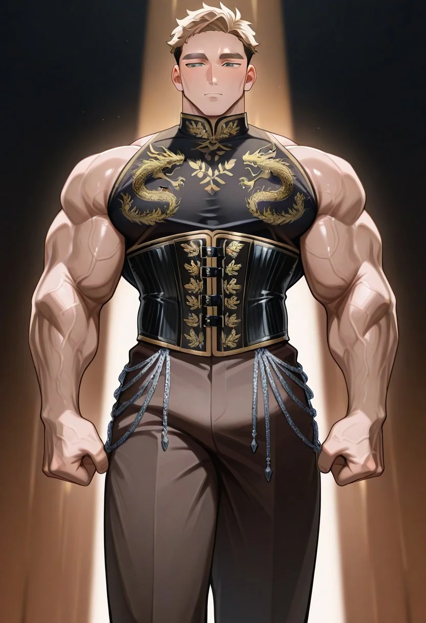 [正面+キャラ名:99],
1boy,solo,
[品質タグ:99],
masterpiece,perfect quality,best quality,amazing quality,absolutely eye-catching,
[身体特徴:99],
very short hair,
caucasian, hyper muscle,thick body,Thick pectoral muscles, thick waist, thick thighs,
[服装:99],
M41e_c0r5et,
(masculine design:1.5),
black waist corset
waist corset with ornate(brown,black,gold),
(dragon embroidery:1.3), chain decoration,
detailed clothing, 
[﷿ーズと解剖学的詳細:99],
[環境・背景:99],
old palace in europe
dynamic lighting,cinematic lighting, professional lighting, 
[追加の品質/スタイルタグ:99],