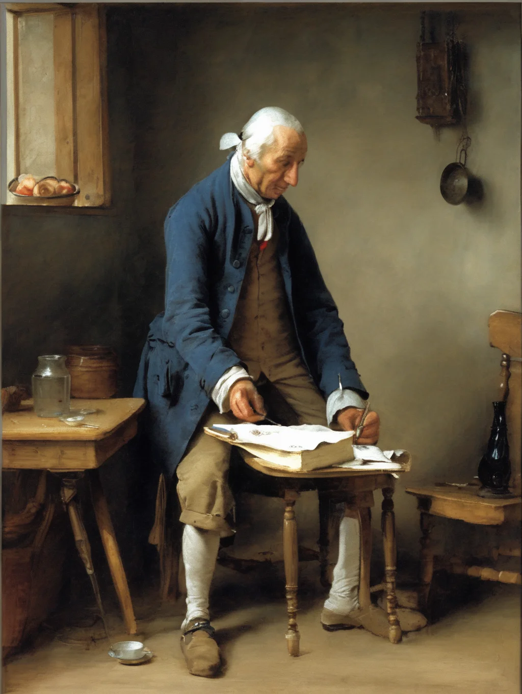 <lora:Jean-Baptiste-Simeon Chardin Style:1>Jean-Baptiste-Simeon Chardin Style - 1835, Osip, the servant, is such as servants of several elderly years usually are. He speaks seriously, looks down somewhat, is reasonable and likes to lecture himself for his master. His voice is always almost even, in conversation with the master takes a harsh, abrupt and somewhat even rude expression. He is smarter than his master and therefore more likely to guess, but does not like to talk a lot and is a silent cheat. His suit is a gray or blue worn coat, watercolour amd pen