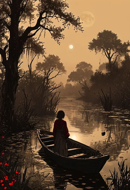 linquivera, Ink illustration, (anime:0.5), brown tones, aged black red paper, inkpunk, moonlight,surreal, a ghost standing on a boat in swampy wetlands, (at a distance), Will-o'-the-wisp, moonlit, lonely, solitude, windy, tall trees, willows, willowy, OverallDetail, extremely detailed, UHD,(long exposure , dystopian but extremely beautiful:1.4),