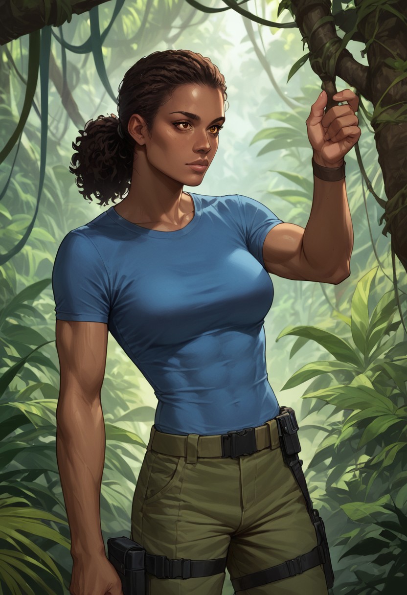 score_9, score_8_up, score_7_up, score_6_up, source_realistic, BREAK serious, 1girl, nadine, dark skin, dark skinned female, ponytail, blue tshirt, green pants, holster, breasts, jungle,