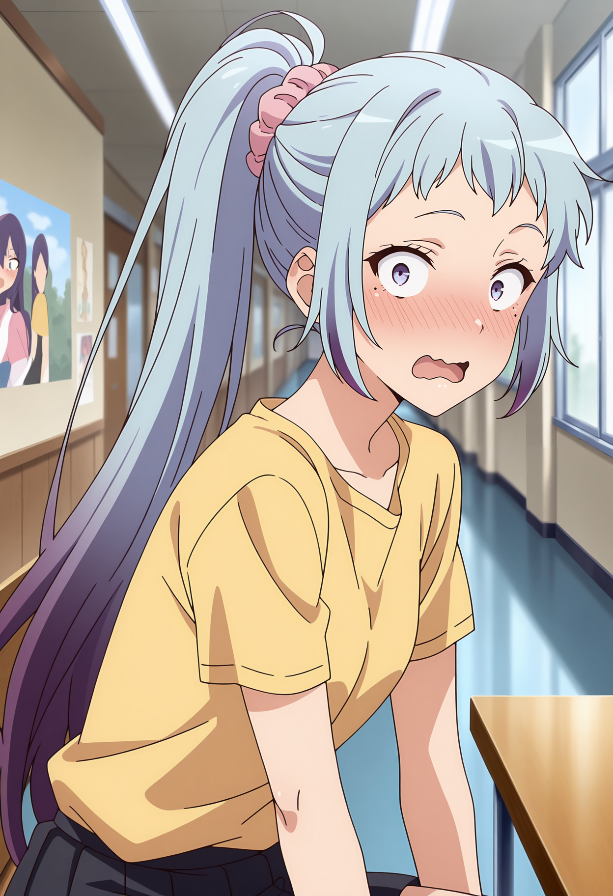 anime screencap, masterpiece, best quality,
<lora:YahariOreNoSeishunLoveComedy_KawasakiSaki_IlluXL:0.9>,
1girl, solo, open mouth, wavy mouth, constricted pupils, nose blush, tongue, surprised,
high ponytail, long hair, multicolored hair, light blue hair, purple hair, purple eyes, mole under eye, hair scrunchie, pink scrunchie,
yellow shirt, short sleeves, pleated skirt, black skirt, 
sitting, looking at viewer, upper body,
hallway, school, table, poster \(object\), blurry background
