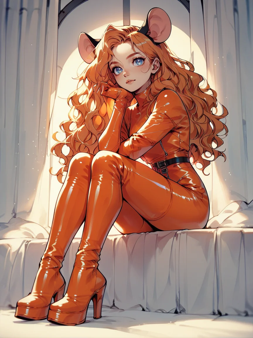 score_9, score_8_up, score_7_up, score_6_up, score_5_up, <lora:NfXLP:1> nf, 1girl, blue eyes, ginger hair, latex, mouse ears, sitting, high heel boots, wavy hair